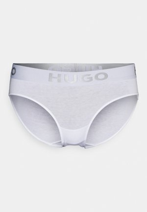 White cotton briefs with a smooth texture, featuring a silver elastic waistband printed with "HUGO" in a bold font.
