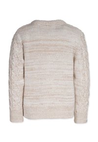 Vaalean beige neulepaita, jossa on tekstuurilliset palmikkohihat. Perinteinen pyöreä pääntie sekä ribbisaumat hihoissa ja helmassa. Pehmeä materiaali, jossa on hienovarainen kuosi.