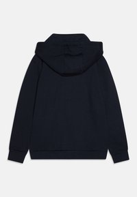 Marinblå huvtröja med långa ärmar och ribbade manschetter, visad bakifrån mot en vit bakgrund.