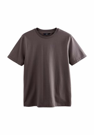Camiseta de manga corta y cuello redondo en algodón de color gris oscuro. Textura suave con un diseño simple y sin adornos; sin patrones visibles ni hardware.