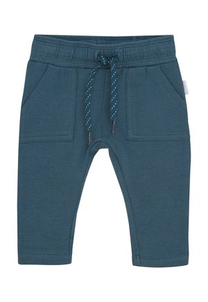 Teal katoenen broek in een katoenmix met een elastische tailleband en trekkoord. Bevat twee zijzakken en een taps toelopend beenontwerp. Soepele structuur.
