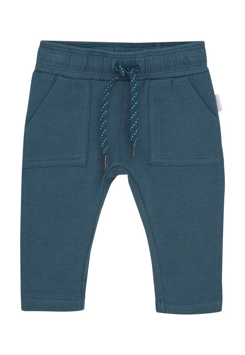 Chabrowe spodnie bawełniane z dodatkiem elastanu, z elastycznym paskiem i sznurkiem w talii. Posiadają dwie przednie kieszenie oraz zwężający się krój nogawek. Gładka tekstura.