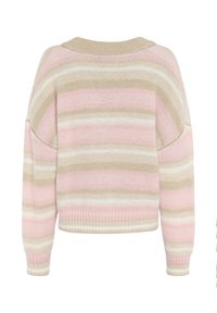 Striped sweater featuring soft pastel pink, beige, and cream colors, with a relaxed fit, wide neckline, and ribbed cuffs and hem.