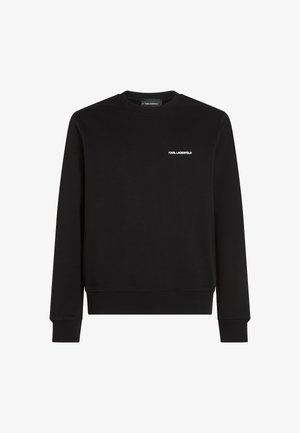 Čierna mikina vyrobená z mäkkej tkaniny, s okrúhlym výstrihom, ribbovanými manžetami a malým bielym logom "KARL LAGERFELD" na hrudi.