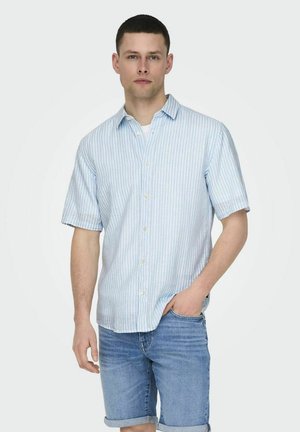 Kurzarm-Hemd in hellblauen und weißen Streifen, mit lockerer Passform und weichem, leichtem Stoff. Getragen mit Jeans-Shorts.