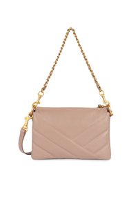 Clutch in pelle beige chiaro con motivo a rombi diagonali, tracolla in oro e chiusura a zip. Dispone di una tracolla rimovibile per il polso.