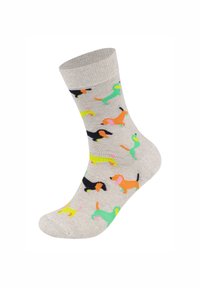 Světle šedé ponožky s barevnými vzory psů v oranžové, zelené, růžové a černé barvě. Žebrovaný lem a měkká textura doplňují hravý design.