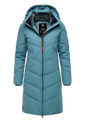 Padded long coat in light blue with a zip front, hood, and contrasting gray lining. Features quilted texture and side pockets.