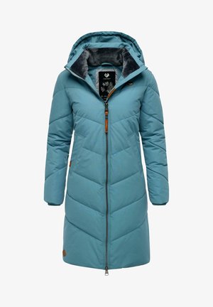 Padded long coat in light blue with a zip front, hood, and contrasting gray lining. Features quilted texture and side pockets.