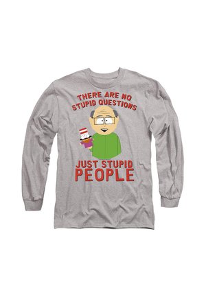 Gray long-sleeve shirt with cartoon man holding a puppet and text reading "There are no stupid questions just stupid people" in red letters.