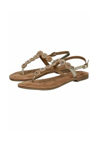 Infradito con una soletta in suede marrone, un cinturino in tonalità oro e accenti di gemme circolari lungo la parte anteriore. Fibbia regolabile sul tallone.