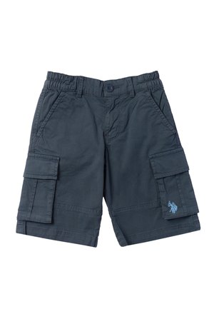 Pantaloncini cargo grigio scuro con passanti per cintura, chiusura a bottone, tasche laterali e tasche con patta su entrambe le gambe, caratterizzati da un piccolo logo ricamato blu.