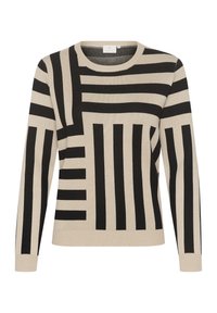 Beige gebreide trui met gedurfde zwarte verticale en horizontale strepen. Heeft een ronde halslijn en lange mouwen, wat zorgt voor een gestructureerde uitstraling.