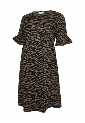 Zwart en bruin gestreepte jurk met korte ruchemouwen, ronde halslijn en een vloeiende silhoeët, gemaakt van zacht materiaal.