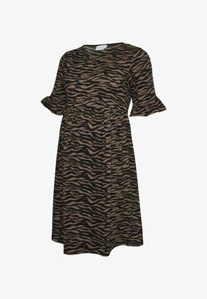 Zwart en bruin gestreepte jurk met korte ruchemouwen, ronde halslijn en een vloeiende silhoeët, gemaakt van zacht materiaal.