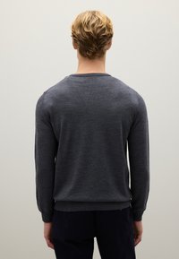 Maglione grigio con maniche lunghe, polsini e orlo a coste, collo rotondo, texture morbida, mostrato da dietro su uno sfondo neutro.