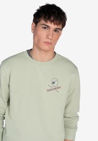 Sudadera verde claro con cuello redondo, puños acanalados y un diseño gráfico de calavera con texto en el pecho. Tejido suave, corte casual.