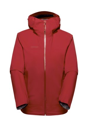 Veste imperméable à capuche rouge avec fermeture éclair frontale et manches longues, conçue pour les activités en extérieur et l'hiver.