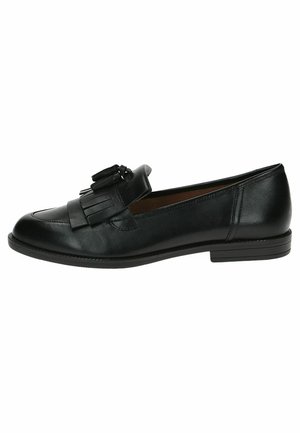 Black leather loafers with a rounded toe, decorative tassels on the vamp, and a low heel. Smooth texture with subtle stitching details.