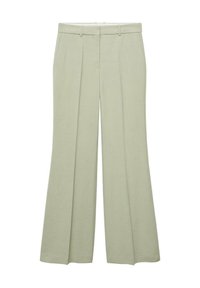 Lichtgroene wijduitlopende broek met plooien aan de voorkant, riemlussen, zijzakken en een verborgen sluiting aan de voorkant.