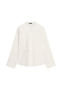Chemise blanche à manches longues avec boutons et col rond, ornée de broderies florales texturées sur la partie gauche de la poitrine.
