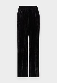 Pantalon en velours noir au design droit, avec une surface texturée et une taille élastique pour le confort.