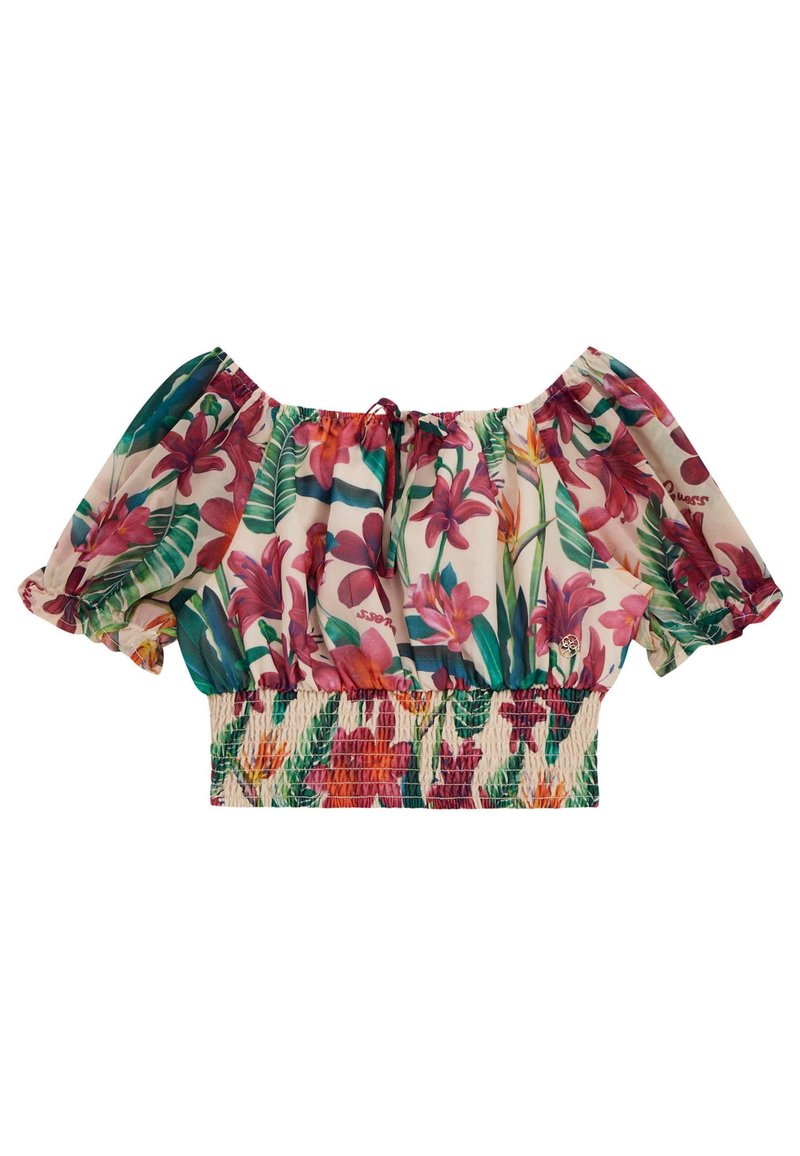 Blusa corta floreale con scollatura off-shoulder, vita elastica arricciata e maniche a sbuffo corte in colori e fantasie vivaci.