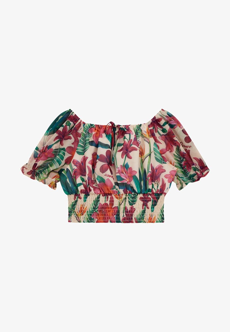 Blusa corta floreale con scollatura off-shoulder, vita elastica arricciata e maniche a sbuffo corte in colori e fantasie vivaci.