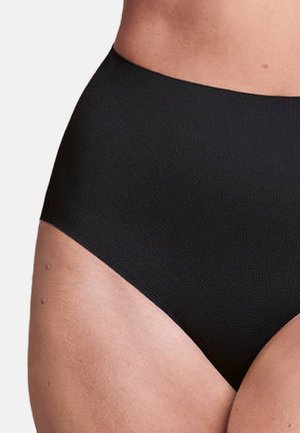 High-waisted black bikini bottom made of textured fabric, featuring a smooth finish and elastic waistband. No visible patterns or accents.