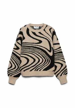 Beige tröja med svart abstrakt vågmönster. Har rund halsringning samt ribbade muddar och fåll. Mjukt, texturerat stickat material.