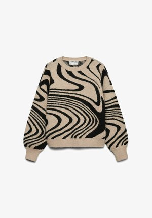 Béžový svetr s černým abstraktním vlnitým vzorem. Má kulatý výstřih a žebrované manžety a lem. Měkký, texturovaný pletený materiál.
