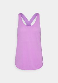 Purple athletic tank top, featuring a scoop neck, cross-back straps, a textured finish, and a curved hemline.