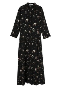 Robe noire à manches longues avec imprimé floral, devant boutonné et col à revers. Présente une silhouette fluide et des poignets froncés.