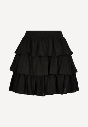 Zwarte gelaagde minirok met drie geplooide lagen en brede tailleband, gemaakt van lichtgewicht textuurstof.