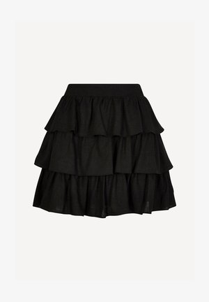 Zwarte gelaagde minirok met drie geplooide lagen en brede tailleband, gemaakt van lichtgewicht textuurstof.