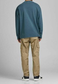 Långärmad teal tröja med rund halsringning, kombinerad med beige cargobyxor med sidofickor och svarta sneakers.