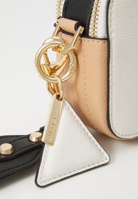 Piccola borsa a tracolla caratterizzata da una combinazione di texture nera, pesca e bianca; hardware dorato e un ciondolo triangolare con il marchio "ALDO".