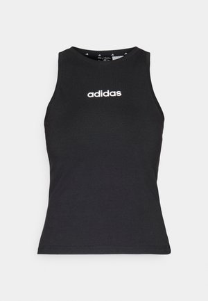 Top senza maniche nero in cotone, con scollo tondo e logo "adidas" bianco centrato sul petto. Tessuto morbido, vestibilità regolare.