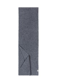 Knitted gray scarf featuring a ribbed texture and a folded edge. It has a small label on the lower right corner.