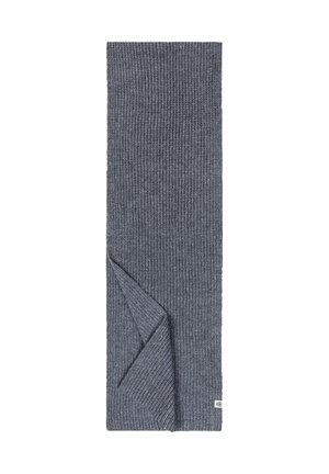 Knitted gray scarf featuring a ribbed texture and a folded edge. It has a small label on the lower right corner.