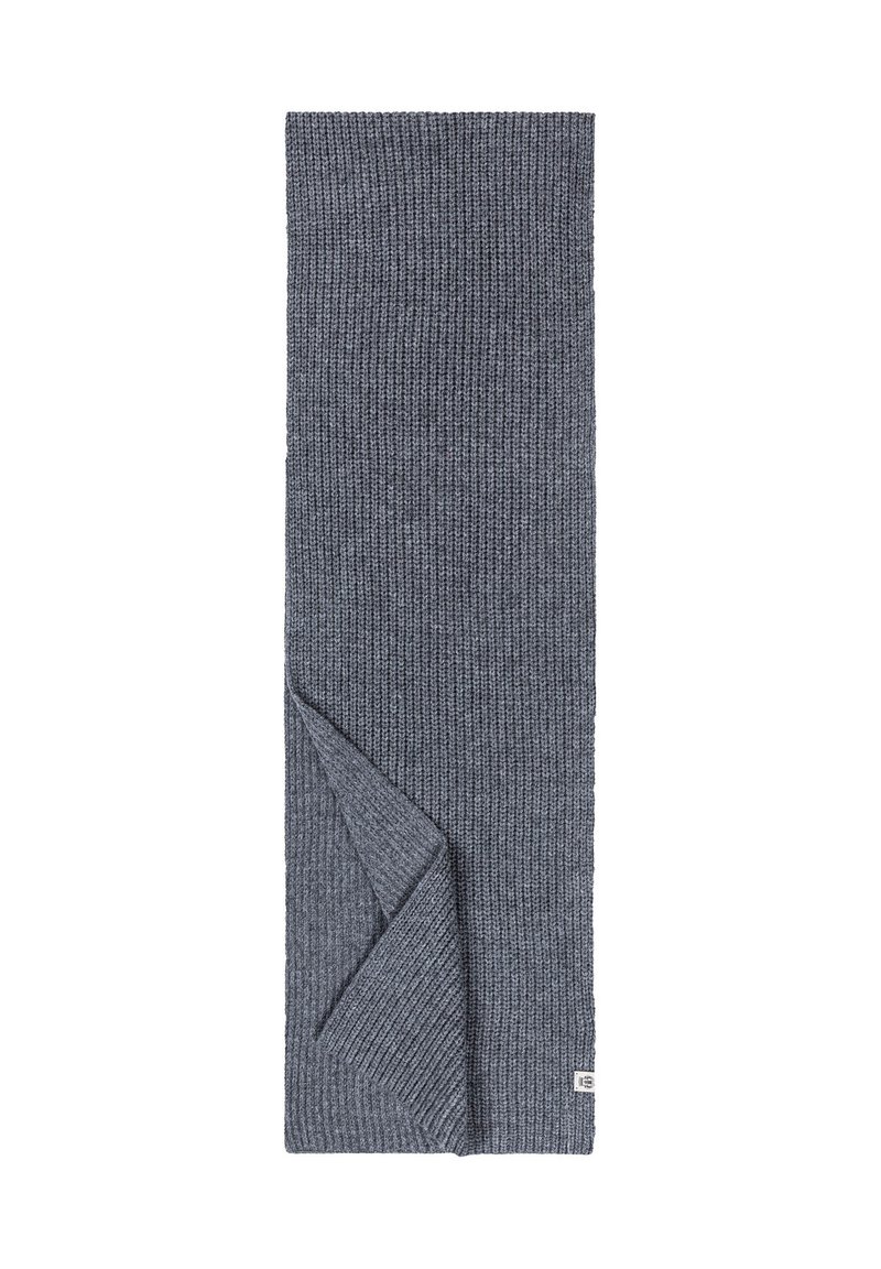 Knitted gray scarf featuring a ribbed texture and a folded edge. It has a small label on the lower right corner.