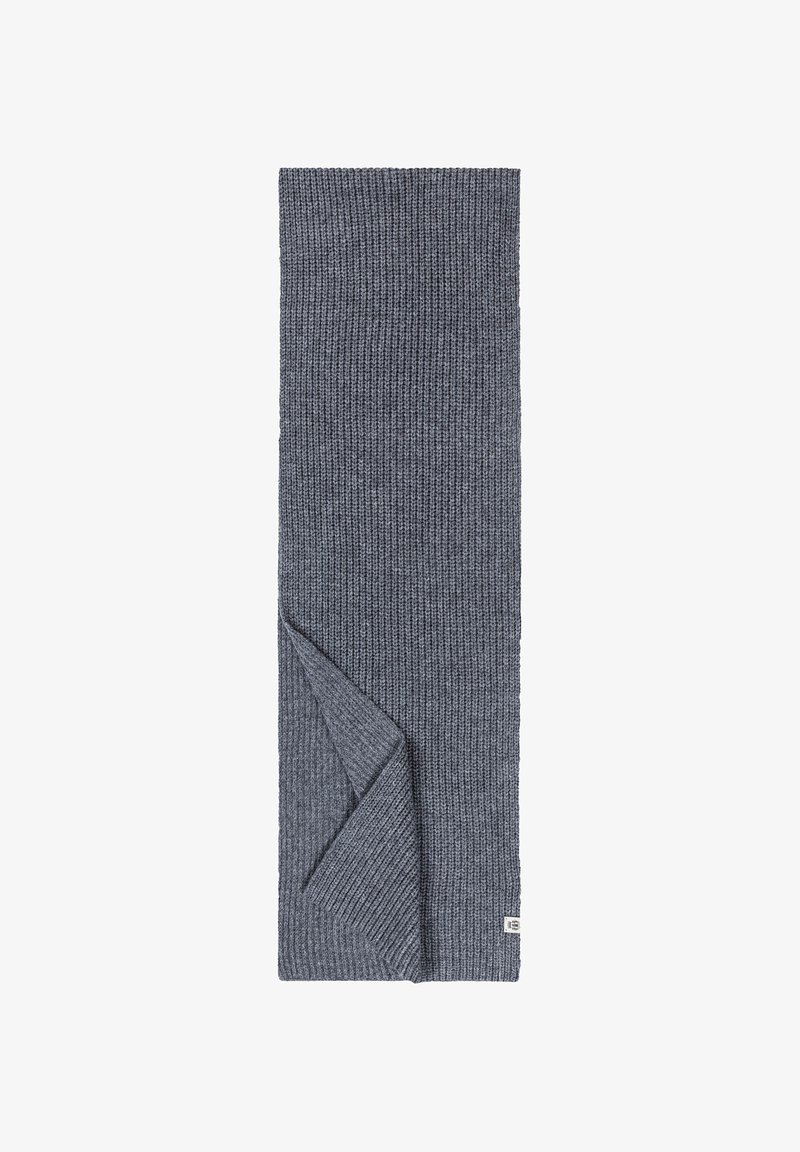 Knitted gray scarf featuring a ribbed texture and a folded edge. It has a small label on the lower right corner.