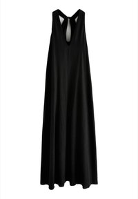 Mouwloze zwarte maxi-jurk met een V-hals en een keyhole achterkant. Gemaakt van lichtgewicht stof, met een vloeiende silhouet en een minimalistisch ontwerp.