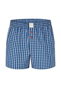 Pánské boxerky s kostkovaným vzorem v modré, černé a bílé barvě. Měkká tkanina s elastickým pasem a dvěma červenými knoflíky.