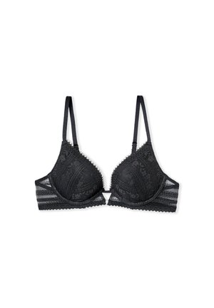 Black lace bra with triangular cups, scalloped edges, adjustable straps, and patterned detailing along the fabric.
