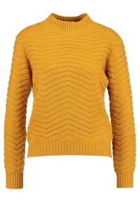 Gelber gestrickter Pullover mit hohem Kragen und strukturiertem Zickzackmuster. Verfügt über lange Ärmel sowie gerippte Bündchen und Saum.