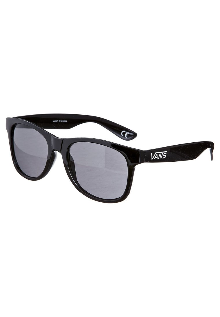 Black plastic sunglasses with grey tinted lenses. Square-shaped design featuring Vans logo on the temple. Smooth, glossy texture.