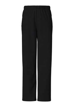 Fekete, elasztikus derékrésszel készült nadrág puha anyagból; egyenes szárú kialakítás zsebek nélkül; sima textúrájú, alkalmi viseletre alkalmas.