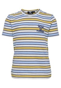 Randig kortärmad T-shirt i ljusblå, gul och marinblå. Har en rund hals och en liten "hummel"-logga i marinblått på bröstet.