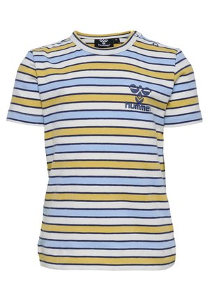Gestreepte T-shirt met korte mouwen in lichtblauw, geel en marineblauw. Heeft een ronde hals en een klein "hummel" logo in marineblauw op de borst.